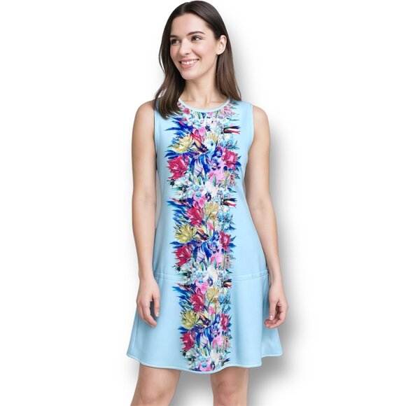 Cynthia Rowley Size Large Blue Floral Scuba Mini Dress Pockets Artsy Boho Resor - Picture 1 of 8